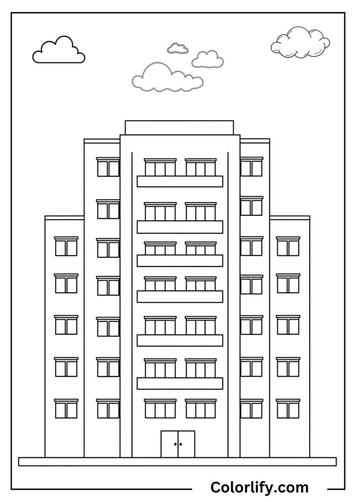 A coloring page of a tall modern apartment building with multiple floors and uniform windows reaching toward the sky with clouds.