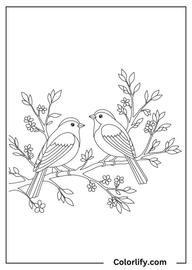 A coloring page of two small birds perched on a flowering branch with leaves and blossoms.