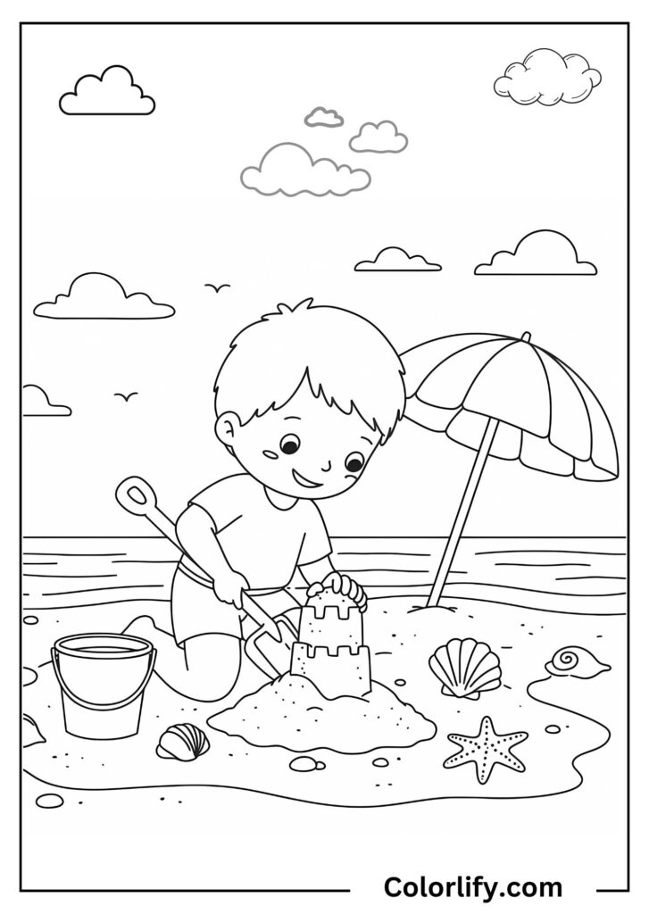 A coloring page of a child building an elaborate sandcastle on the beach with towers, flags, and seashells scattered around in the sand.