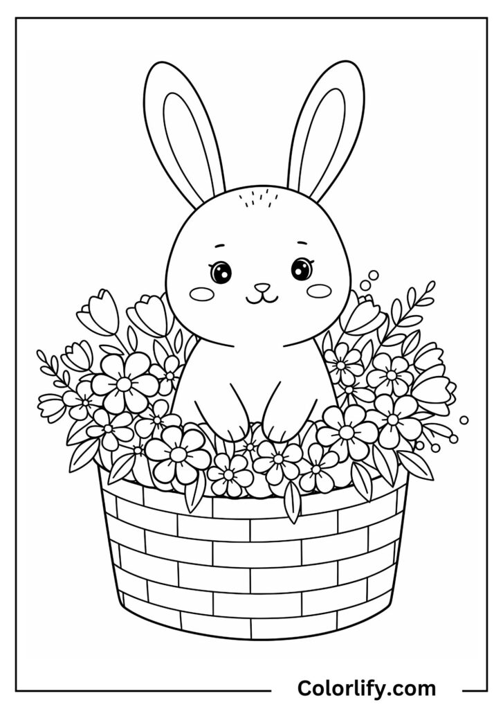 A coloring page of an adorable bunny sitting inside a woven flower basket surrounded by beautiful blooms and springtime flowers.