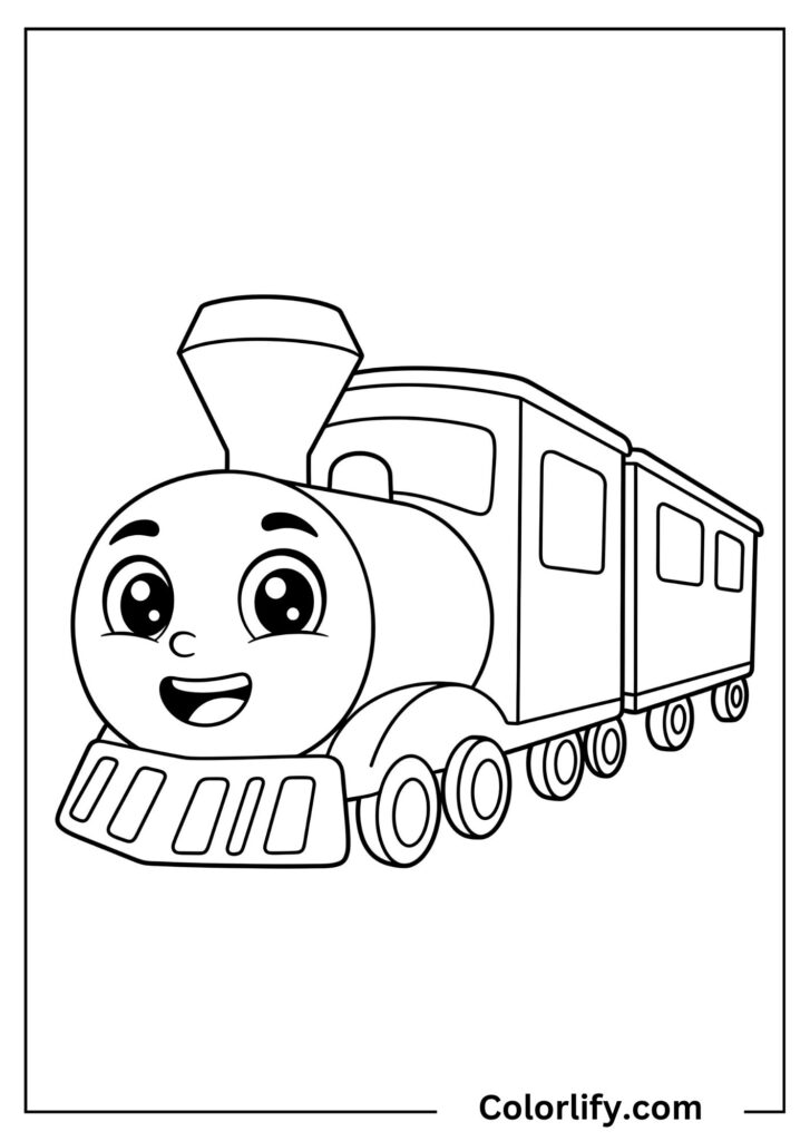 A coloring page of a cartoon train with a big friendly smile and cheerful expression.
