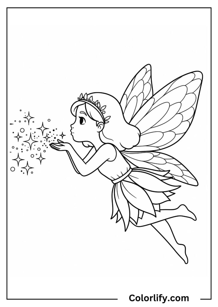 A coloring page of a fairy with wings blowing magical sparkles and dust from her hands.