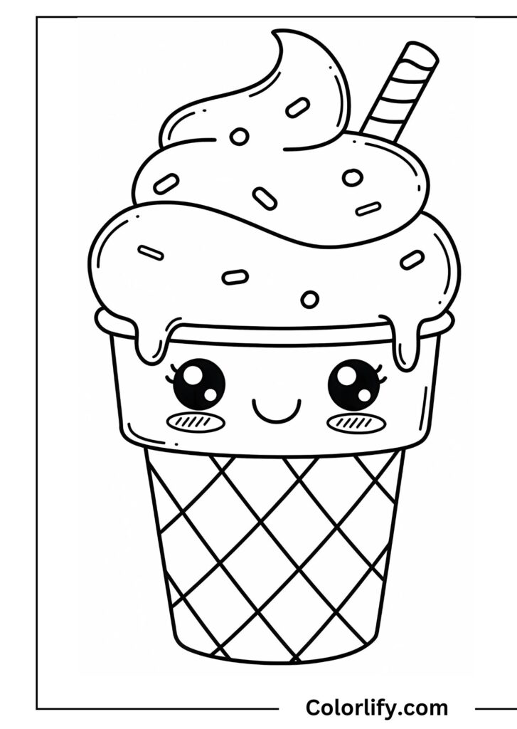 A coloring page of a cute ice cream cone with an adorable kawaii face and sparkling eyes.