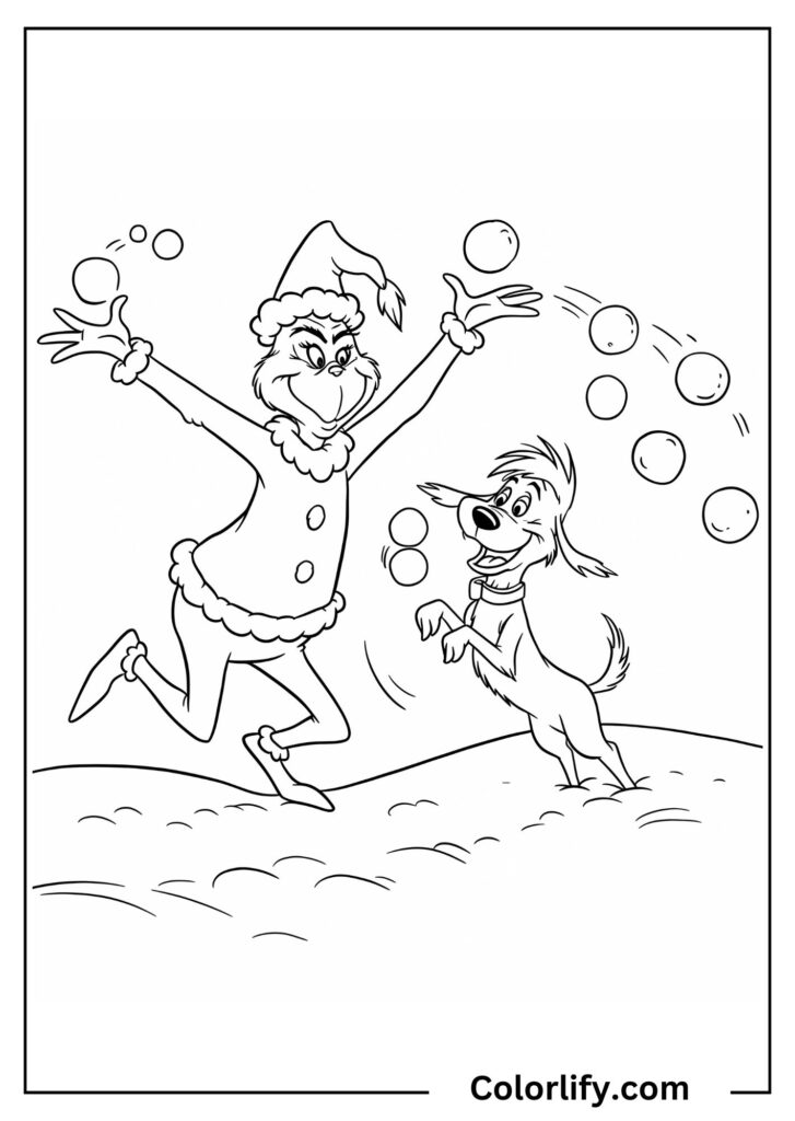 A coloring page of the Grinch and Max playing together in the snow with snowballs.