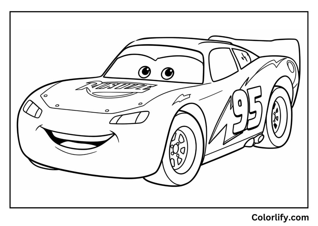 A coloring page of Lightning McQueen as a rookie race car with his #95 number prominently displayed.