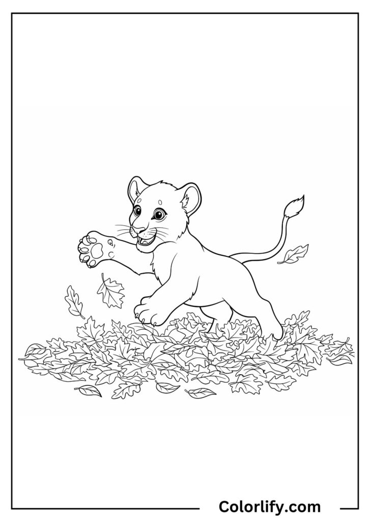 A coloring page of a playful lion cub frolicking among fallen leaves, displaying youthful energy and joy in nature.