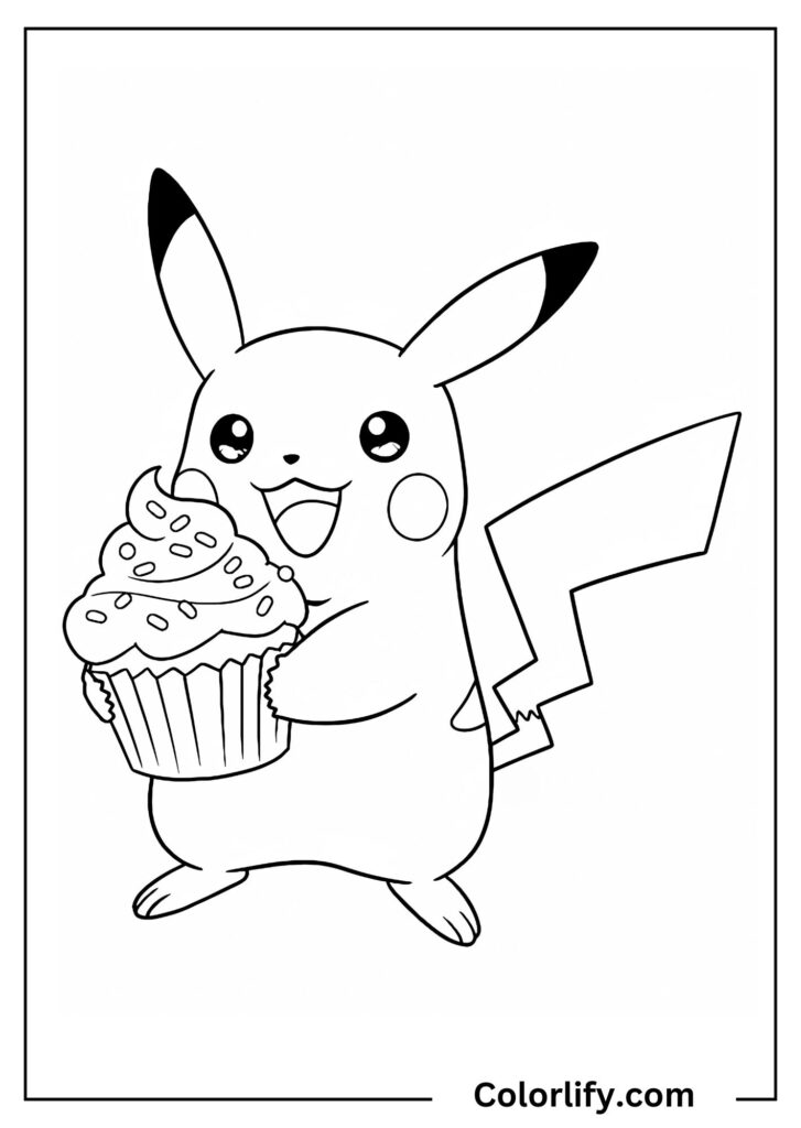 A coloring page of Pikachu holding a cupcake with frosting and looking happy.