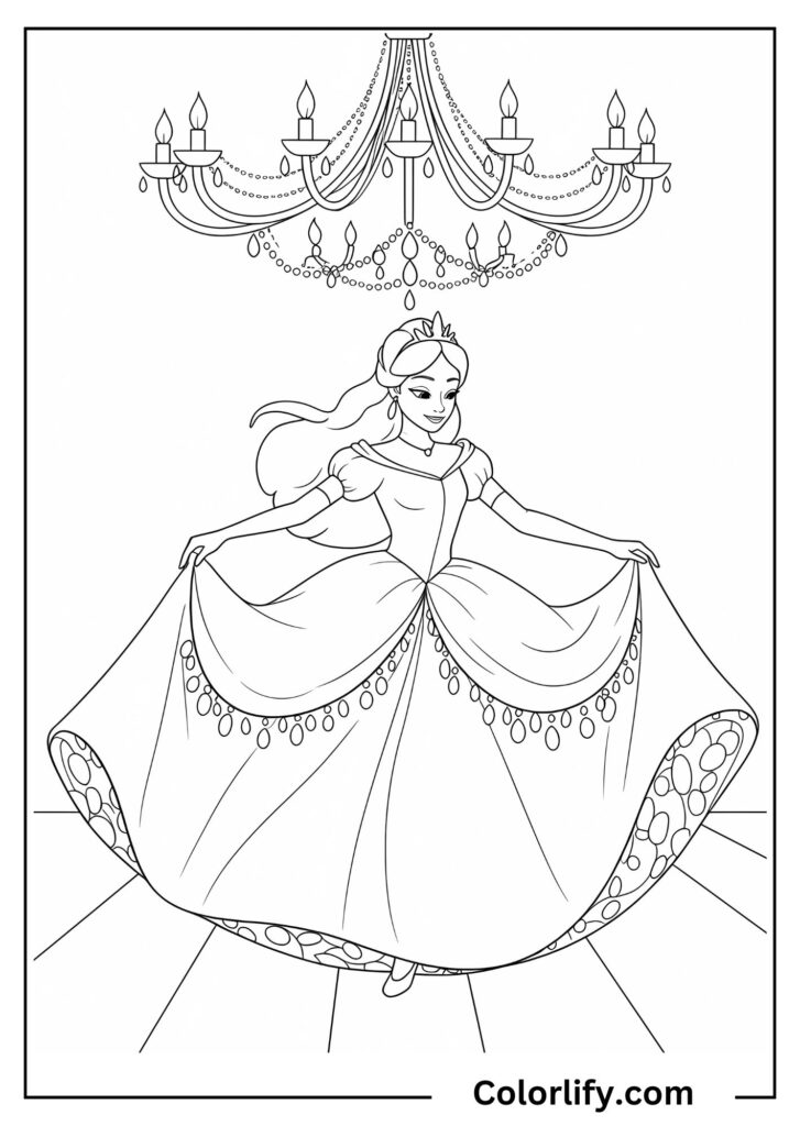 A coloring page of an elegant princess dancing at a royal ball wearing a magnificent flowing gown with ornate details.