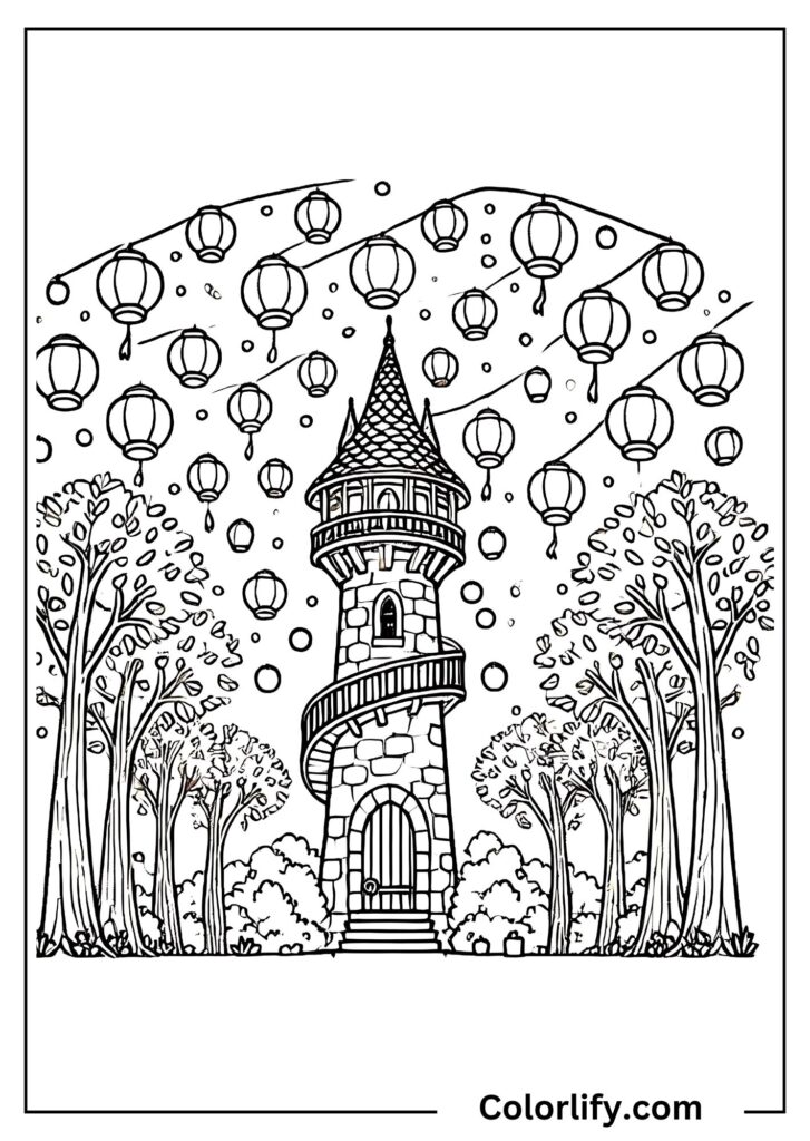 A coloring page of Rapunzel's tall tower surrounded by floating lanterns in a starry night sky, creating a magical fairy tale scene.