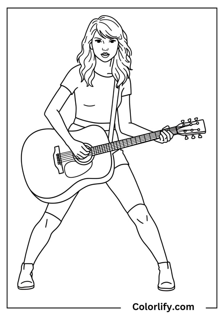 A coloring page of Taylor Swift holding a guitar pick while standing confidently with her acoustic guitar in a performance stance.
