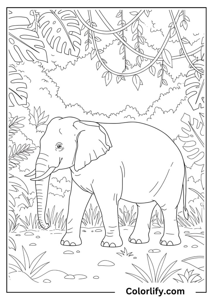 A coloring page of an elephant walking through dense jungle vegetation with lots of plants and leaves.