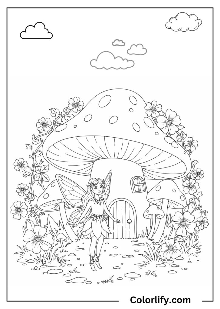 A coloring page of a fairy inside or near a mushroom house with windows and doors.