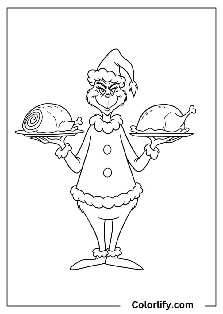 A coloring page of the Grinch holding platters with a giant roast beast for Christmas dinner.