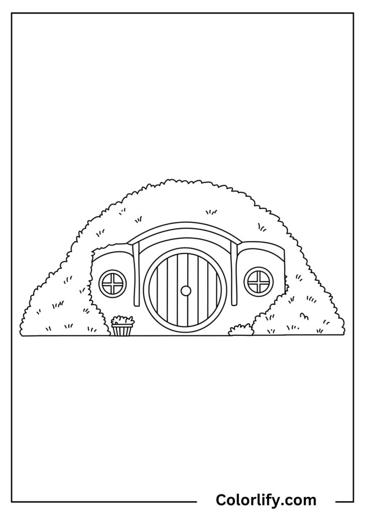 A coloring page of a charming underground hobbit home featuring the iconic round door and cozy hillside design.