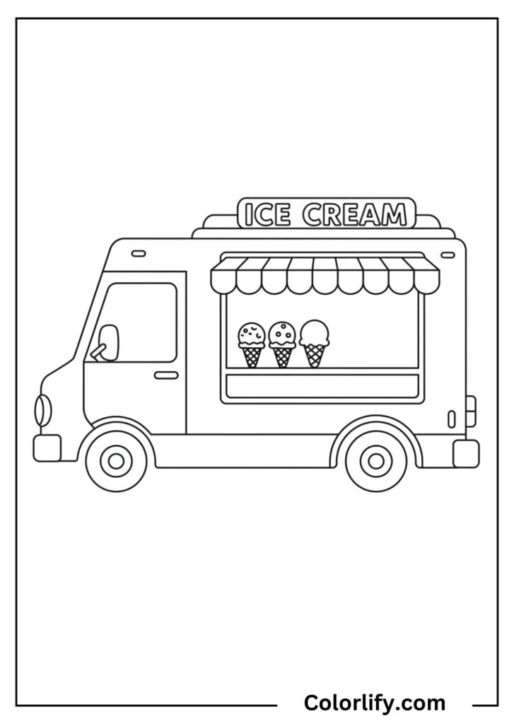 A coloring page of an ice cream truck with an open service window.