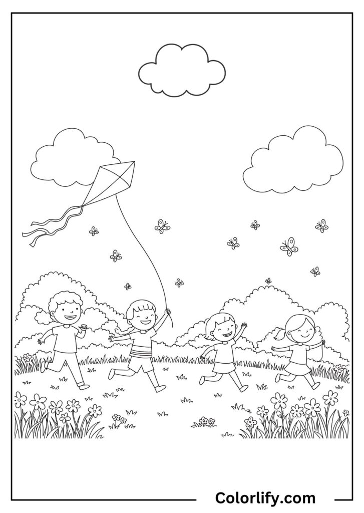A coloring page of children flying kites in an open field under a cloudy sky.