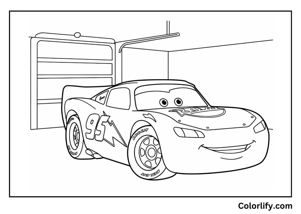 A coloring page of Lightning McQueen sleeping peacefully in his garage surrounded by racing equipment.