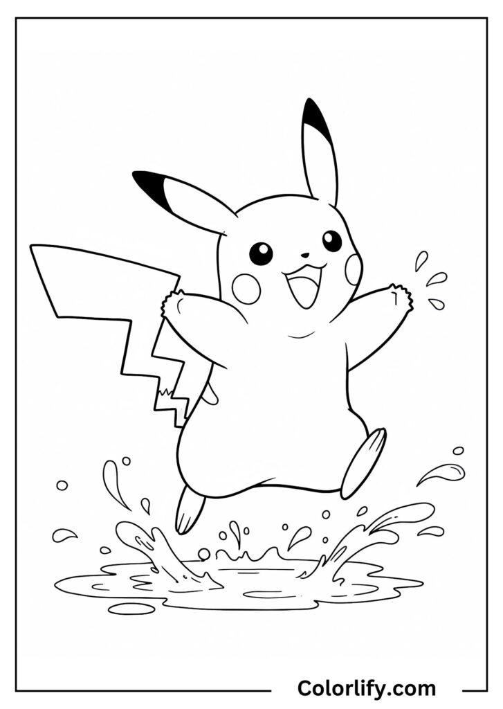 A coloring page of Pikachu jumping and splashing in a puddle of water.