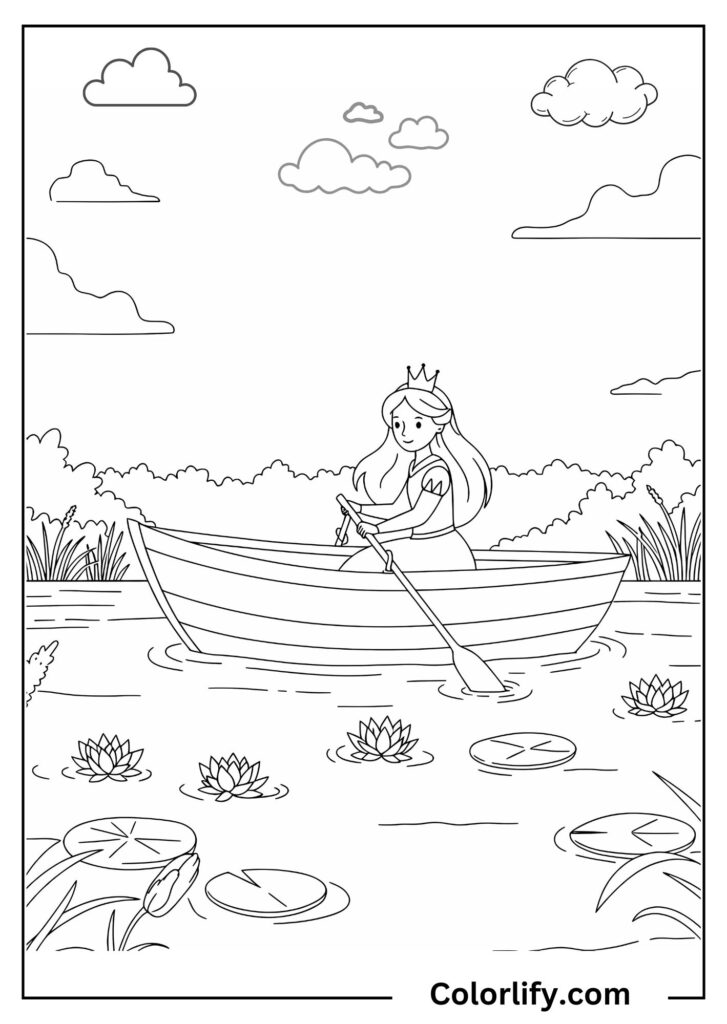 A coloring page of a serene princess sailing peacefully in a small boat across calm waters with scenic surroundings.