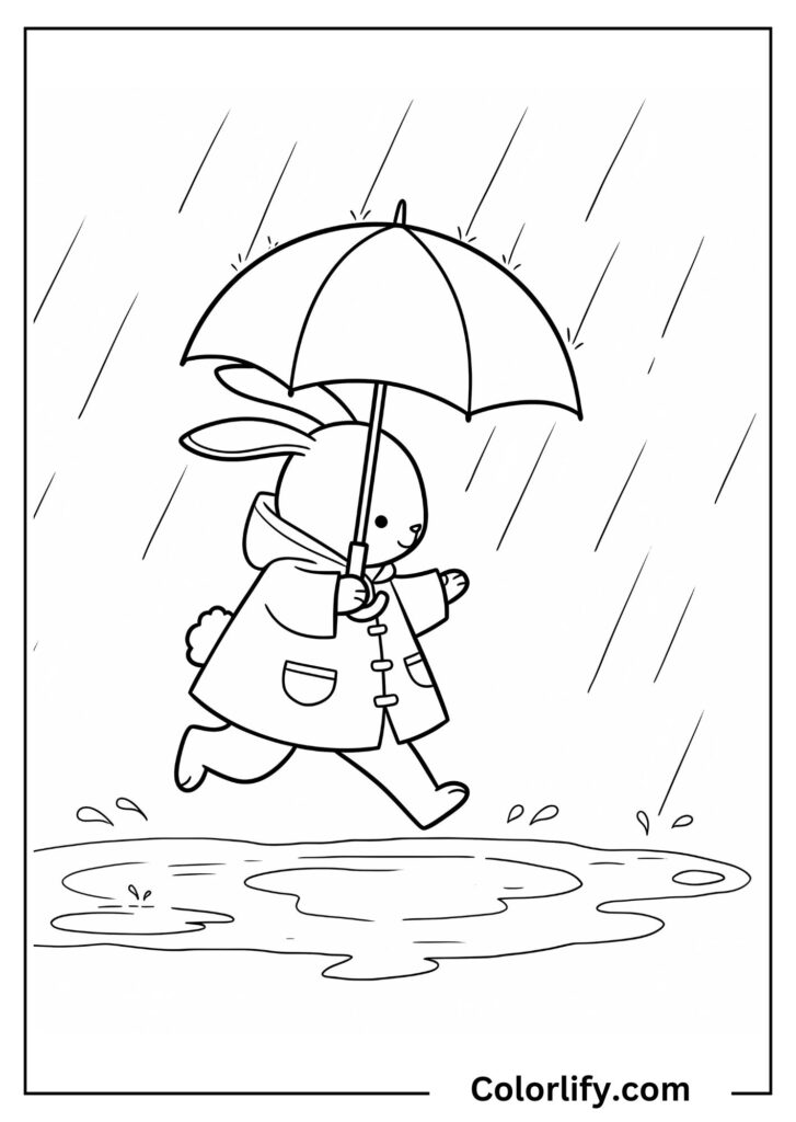 A coloring page of a prepared bunny wearing a raincoat while walking through a rainy day with weather elements.