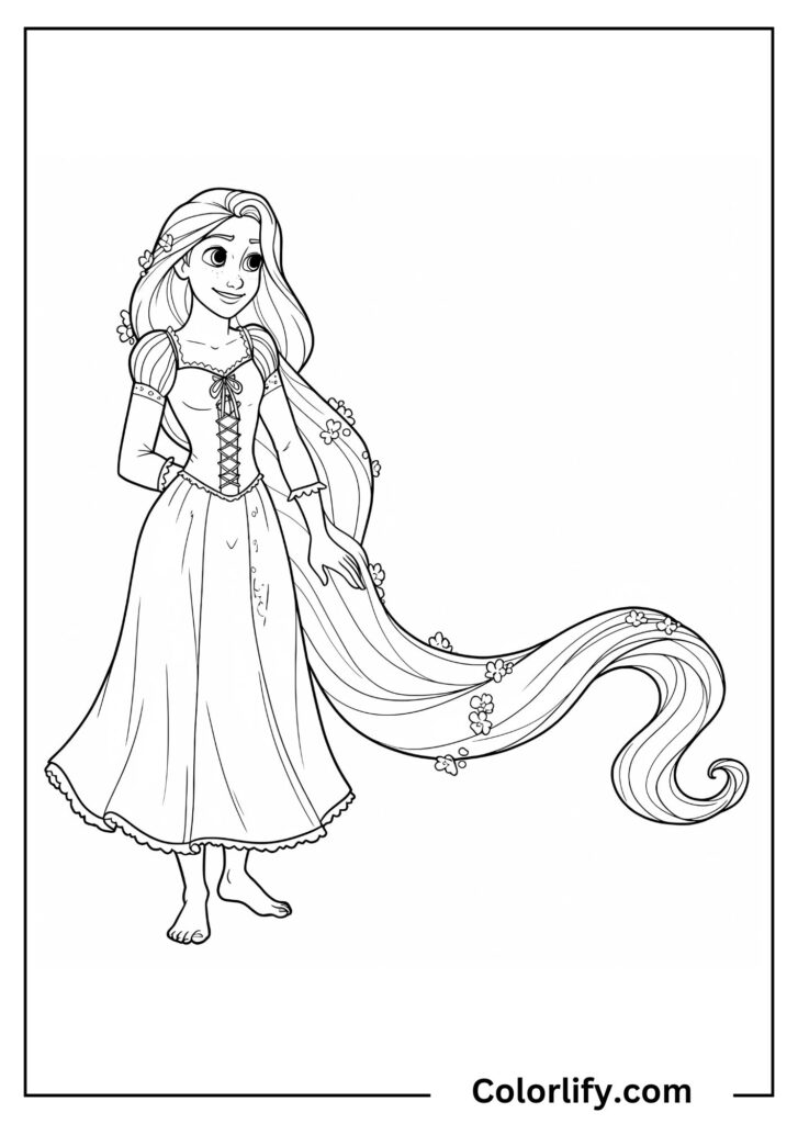 A coloring page of Rapunzel with her incredibly long, flowing hair cascading around her, displaying her magical gift in full glory.