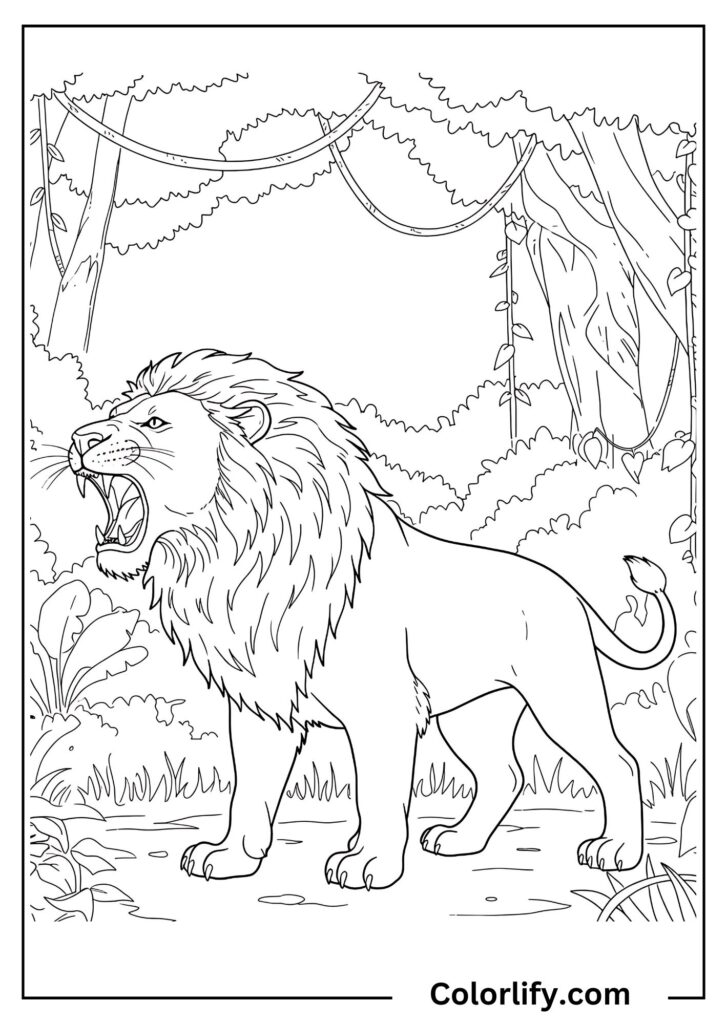 A coloring page of a powerful lion roaring among jungle vines and foliage, displaying untamed wildness and territorial dominance.