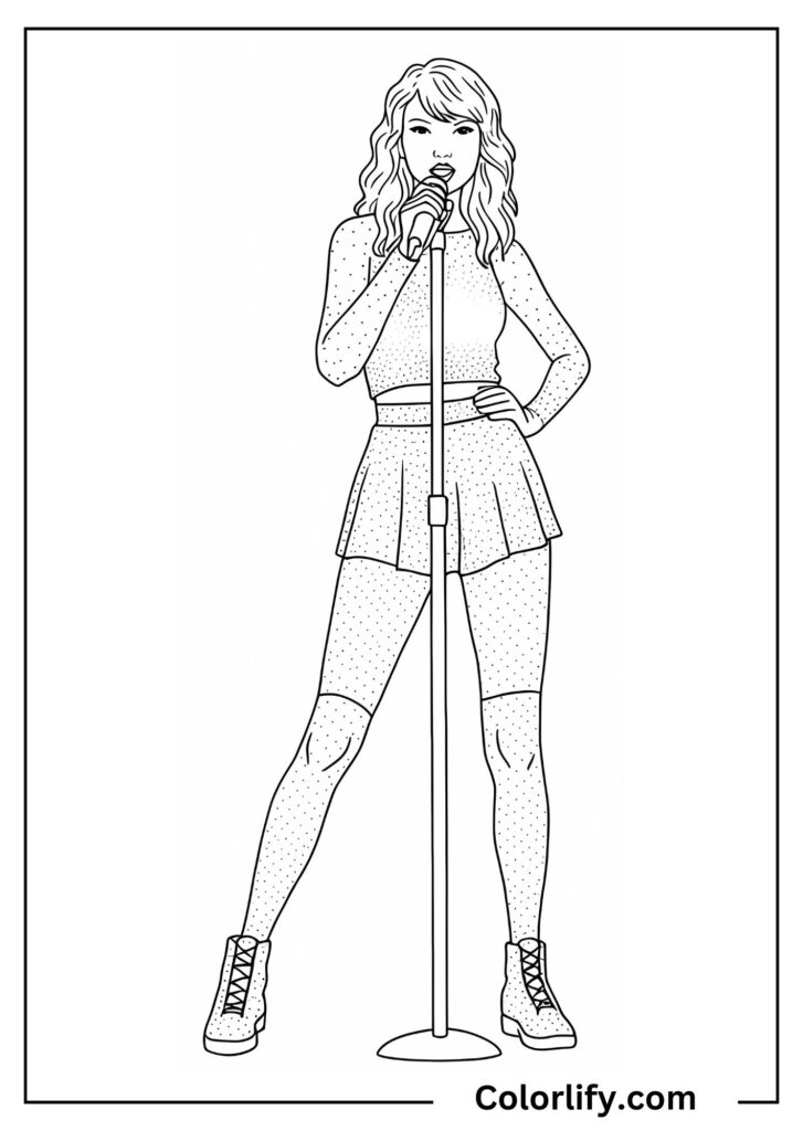 A coloring page of Taylor Swift performing on stage with a microphone, captured mid-performance in an energetic and commanding pose.