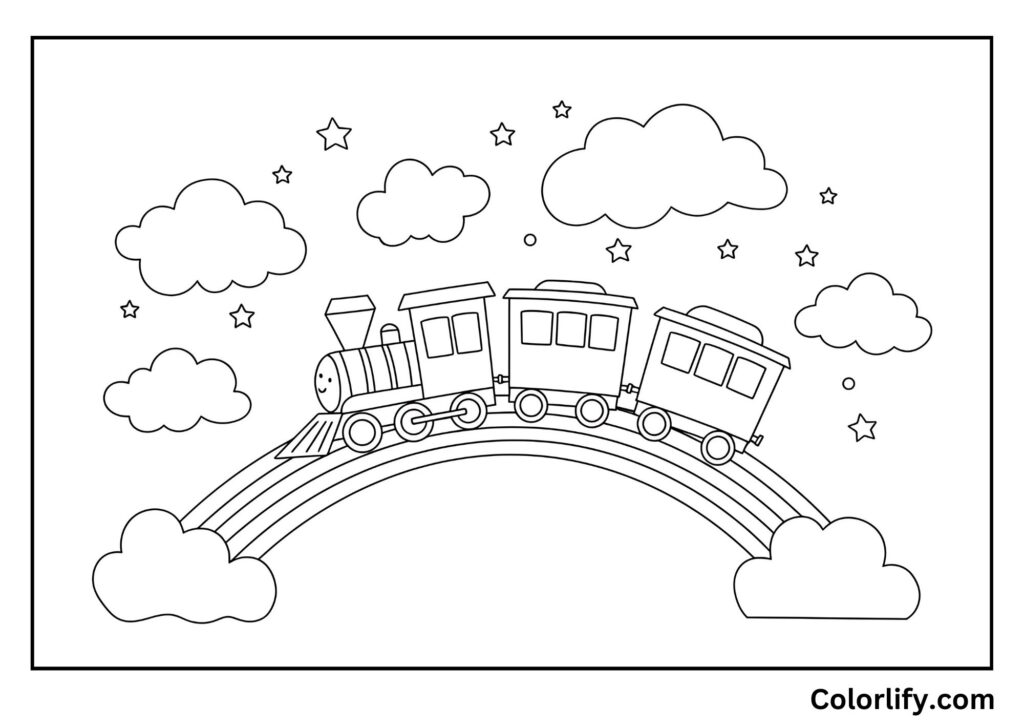 A coloring page of a train traveling on a rainbow track through fluffy clouds.