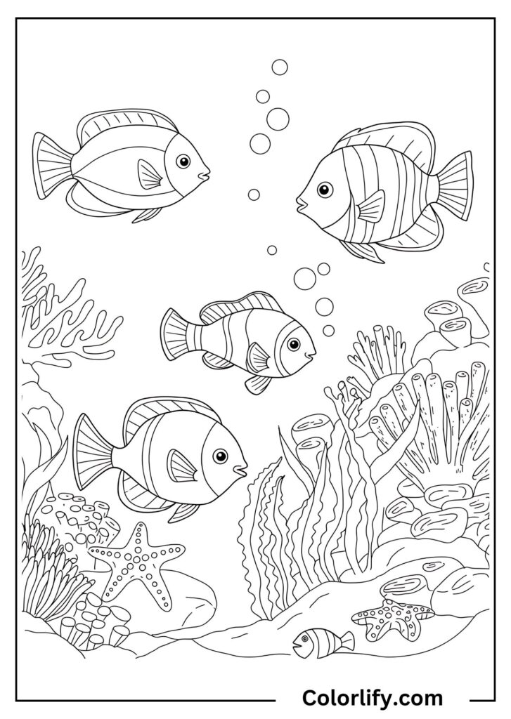 A coloring page of tropical fish swimming among coral reefs and underwater plants in a vibrant ocean scene.
