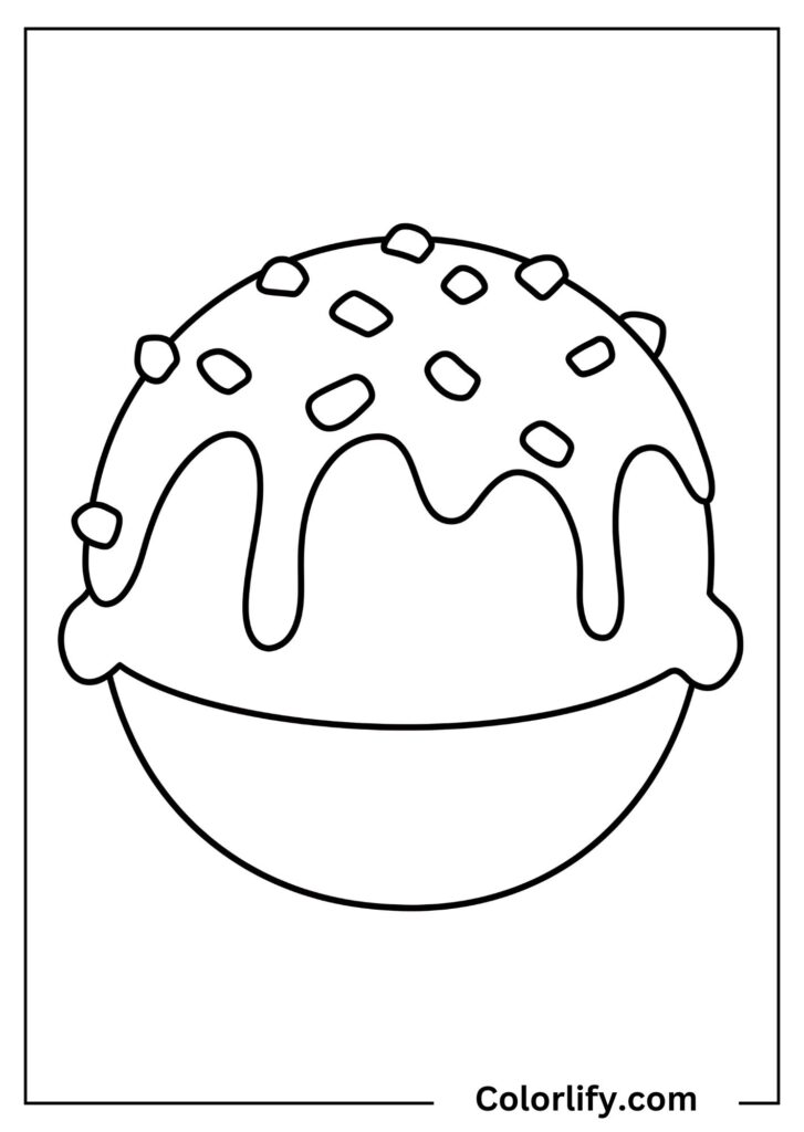 A coloring page of an ice cream scoop topped with drizzle and nuts.