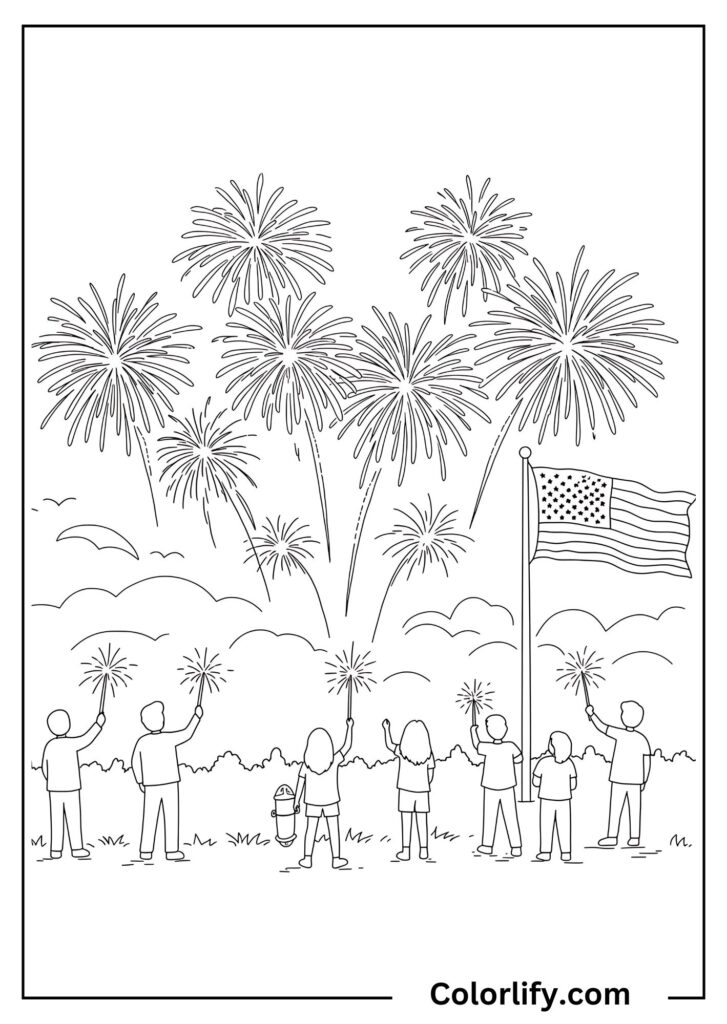 A coloring page of spectacular fireworks bursting in the night sky during a July 4th celebration with stars and explosions.