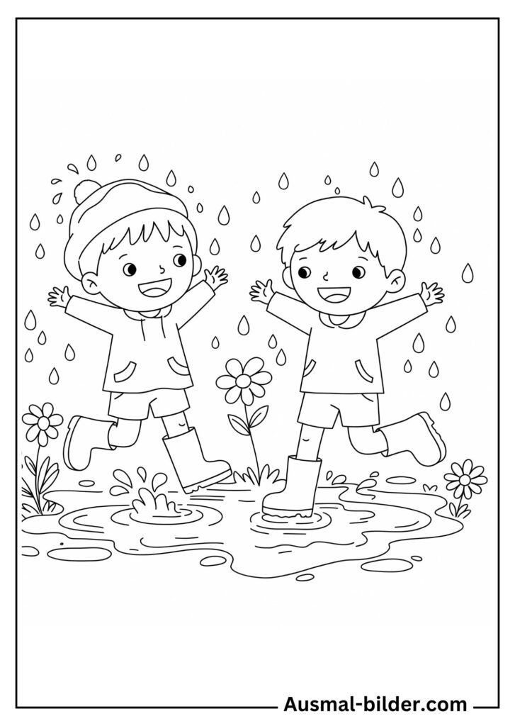 A coloring page of kids jumping and splashing in puddles while wearing rain boots.