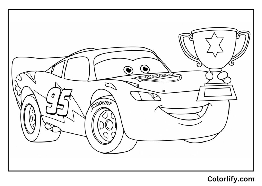 A coloring page of Lightning McQueen celebrating victory while holding a racing trophy.