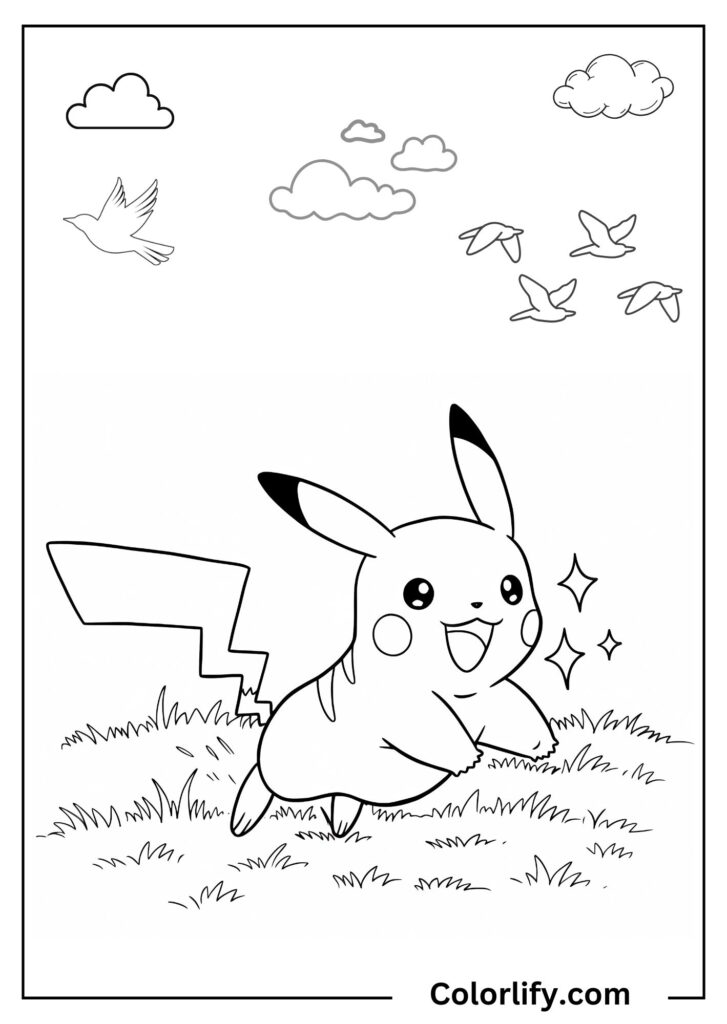 A coloring page of Pikachu running through tall grass under a cloudy sky.