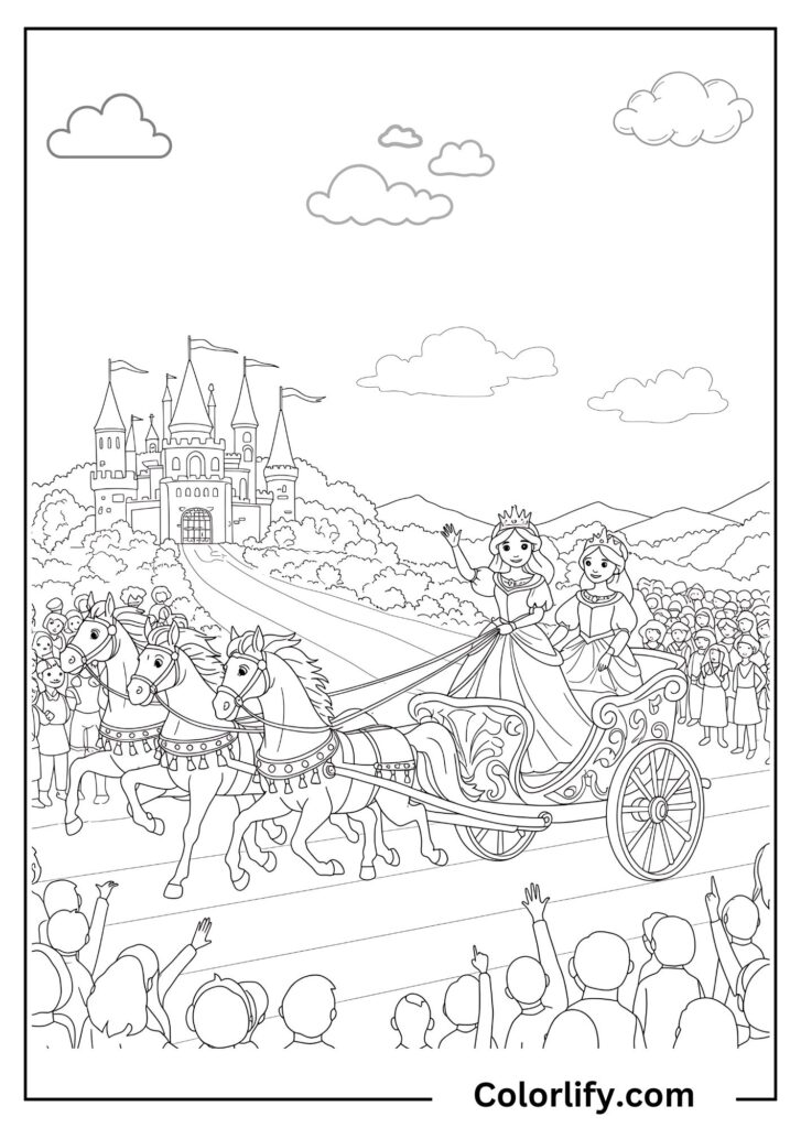 A coloring page of a regal princess riding in an ornate horse-drawn chariot through countryside landscapes with royal elegance.