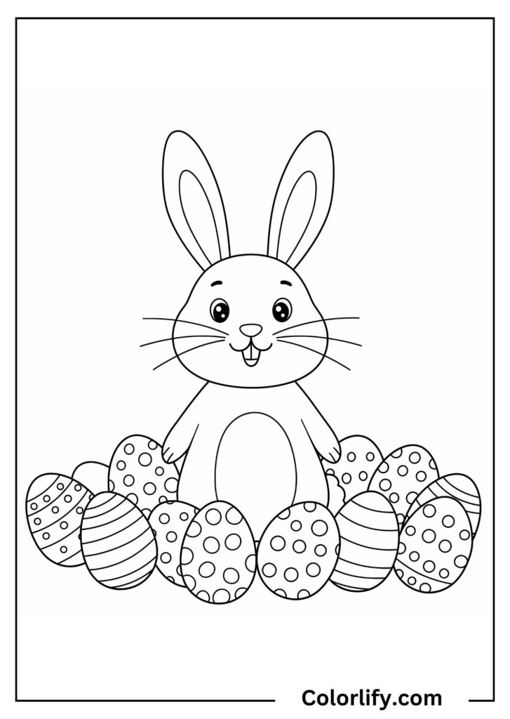 A coloring page of a festive bunny sitting surrounded by beautifully decorated Easter eggs with intricate patterns and holiday designs.