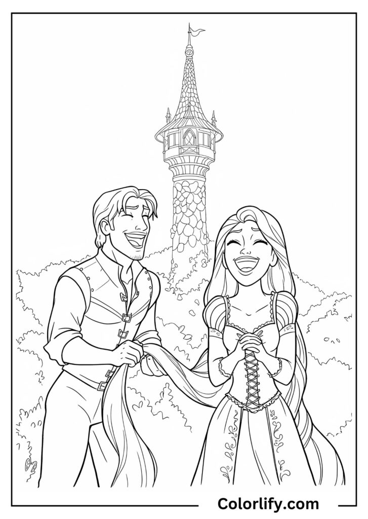 A coloring page of Rapunzel's stone tower with both Rapunzel and Flynn standing together, representing their epic fairy tale story.