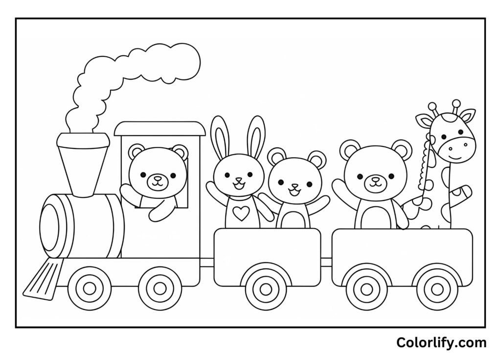 A coloring page of a train with animal friends holding hands between the cars.