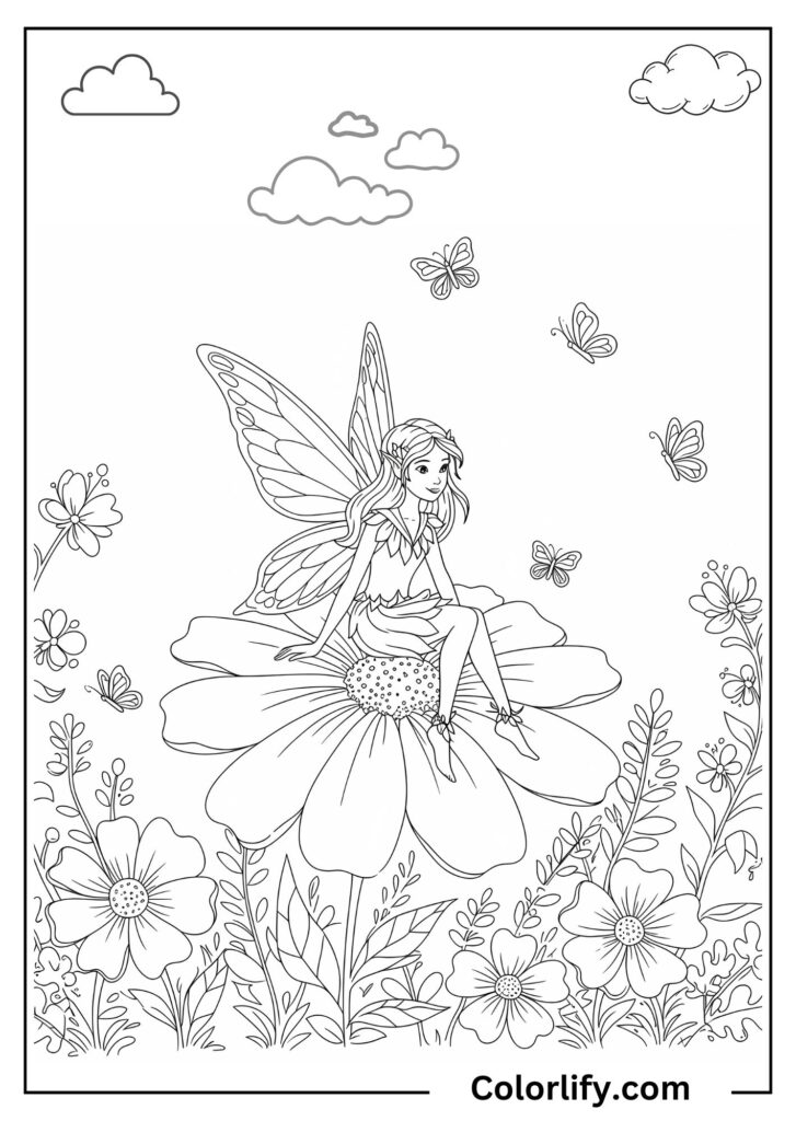 A coloring page of a fairy sitting on a large flower bloom in a garden setting.