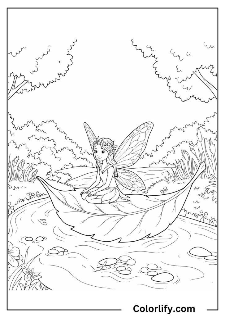 A coloring page of a fairy riding on a leaf boat floating on water.
