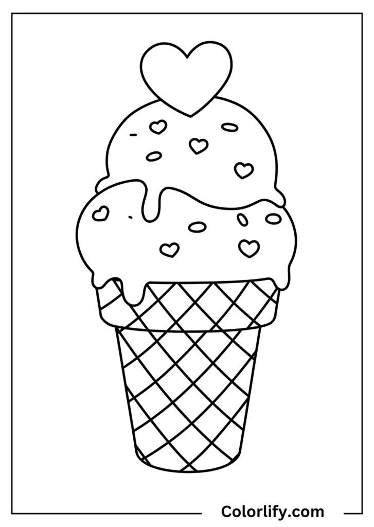 A coloring page of an ice cream cone decorated with a heart design.