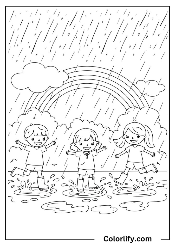 A coloring page of children jumping and splashing in rain puddles while wearing boots during a summer storm.
