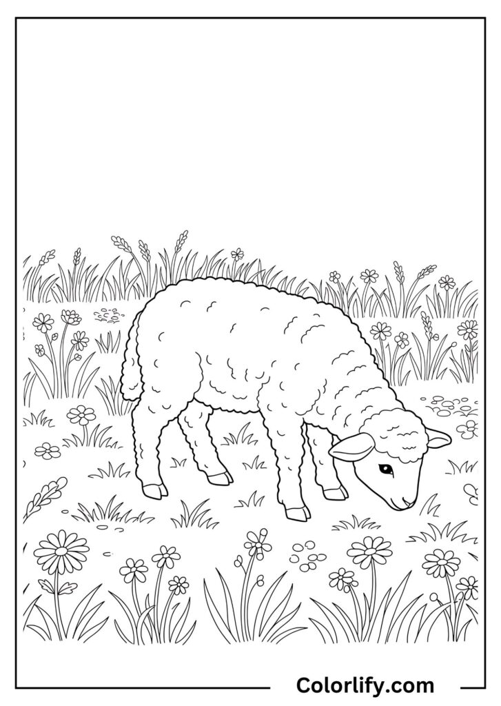 A coloring page of a lamb grazing in a peaceful meadow filled with flowers and grass.