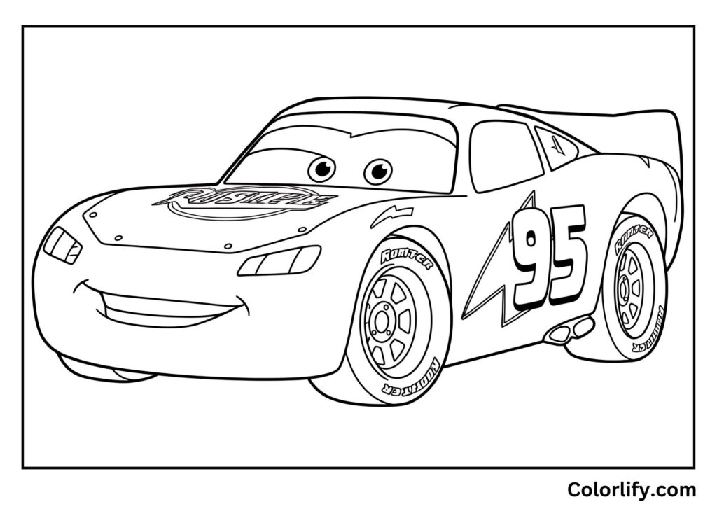A coloring page of Lightning McQueen prominently featuring his famous racing number 95.