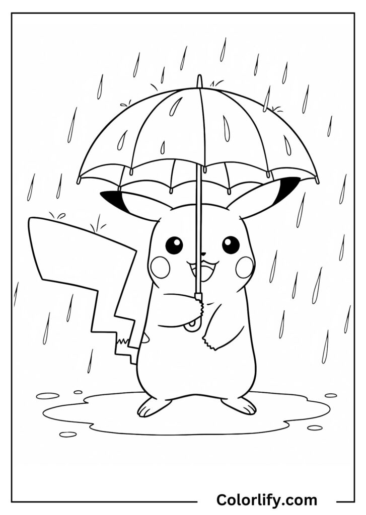 A coloring page of Pikachu holding an umbrella while standing in the rain.