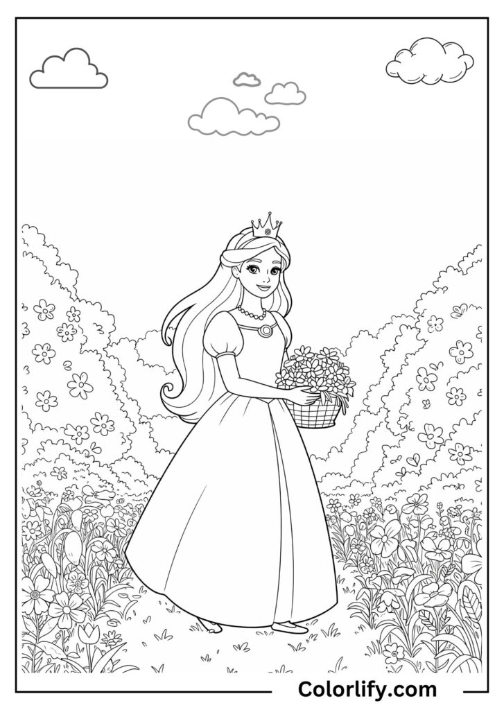 A coloring page of a gentle princess tending to her beautiful garden surrounded by blooming flowers and plants.