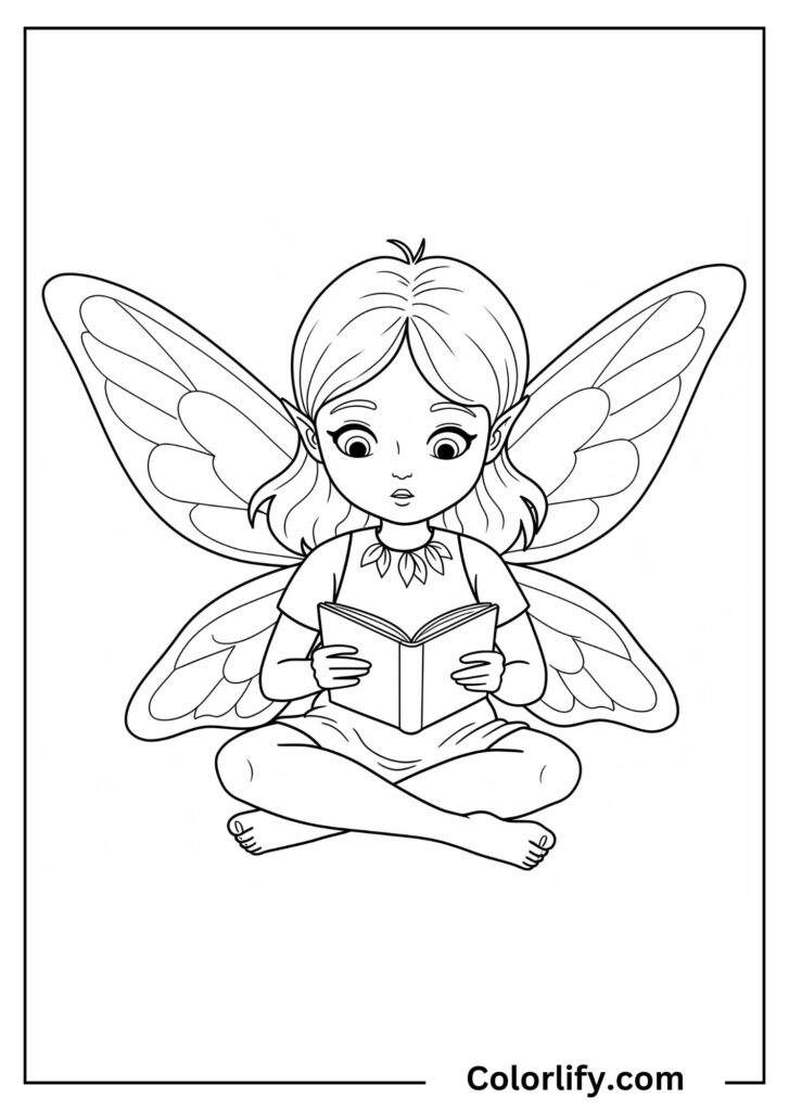 A coloring page of a fairy sitting and reading a small book with focused attention.