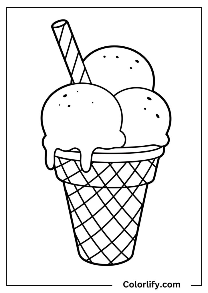 A coloring page of ice cream served on a crispy waffle stick.