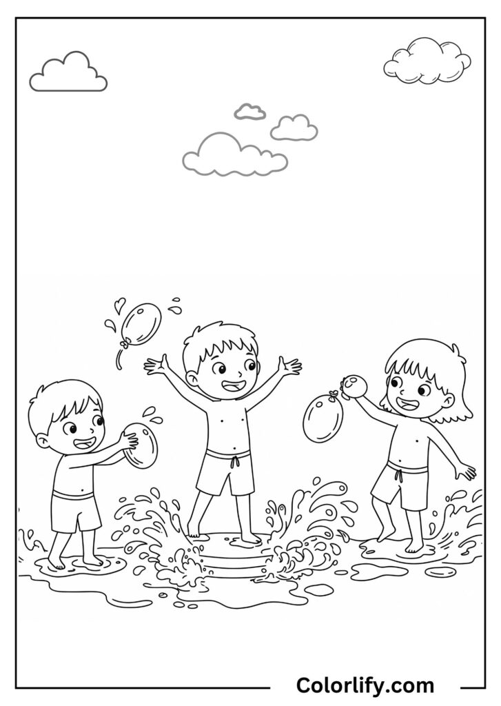 A coloring page of kids having fun with water balloons, running and throwing colorful balloons in a backyard setting.