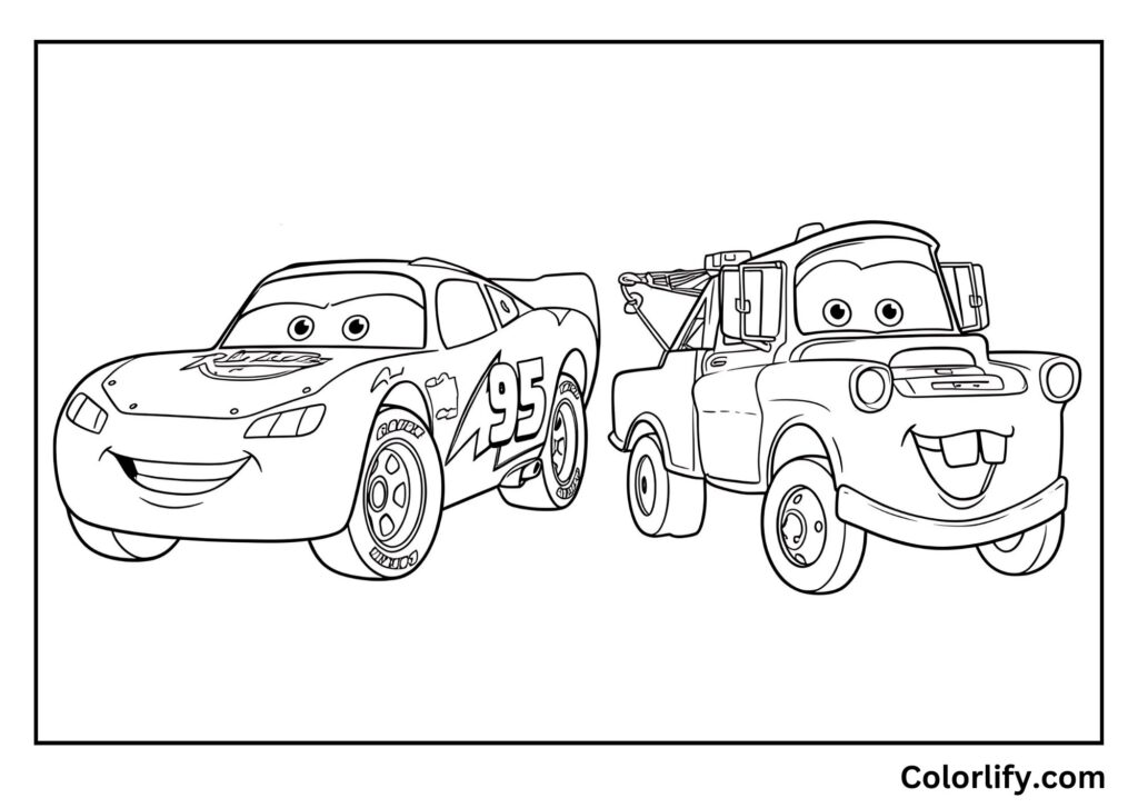 A coloring page of Lightning McQueen and Mater together showing their friendship bond.